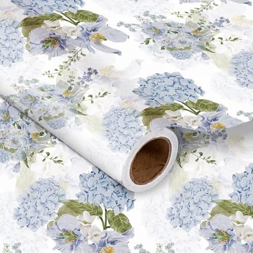 LeZakaa Floral Wrapping Paper Roll, Blue Hydrangea Flowers Party Gift Wrap for Wedding, Bridal Shower, Baby Shower, Anniversary, Mother's Day, Birthday, 17 inches x 16.4 Feet (23.2 sq.ft.)