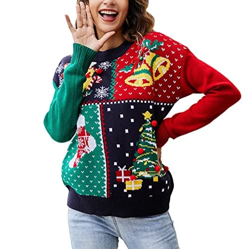 IFFEI Womens Ugly Christmas Sweater Novelty Print Crew Neck Sweater Square M