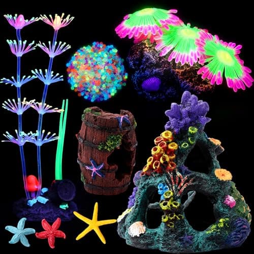 BrightRow 8 Pcs Fish Tank Decorations Colorful Coral Reef Broken Barrel Decor Glowing Artificial Plants Ornament Resin Starfish Rainbow Glow in The Dark Fish Tank Gravel