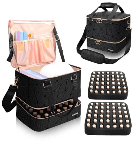 Sambois Nail Polish Organizer Bag Holds 84 Bottles (15ml/0.5 fl.oz)& Nail Lamp, PU Leather Nail Supplies Organizer with Holder& Shoulder Strap, Portable Travel Nail Kit Storage Carrying Case (Black)