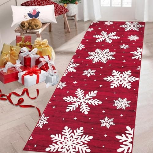 RUGSREAL Christmas Rug Runner Rug 2x6 Washable Rug Non Slip Kitchen Rugs Bedroom Decor Soft Throw Rugs Stain Resistant Carpet for Bedroom Laundry Hallway Runner Snow|Red 2'x6'