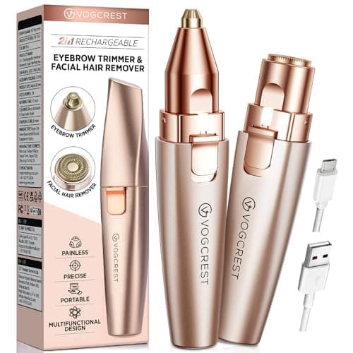 VG VOGCREST Eyebrow Facial Trimmer: 2 in1 Rechargeable Facial Hair Removal and Eyebrow Shaver - Face Lips Body Painless Facial Razor with Built-in LED Light (Rose Gold)