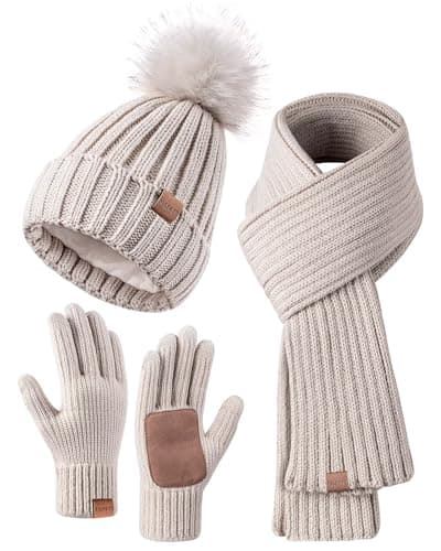 Winter Beanie Hat Scarf Gloves Set for Women, Winter Hats for Women Fleece Lined with Pom Pom Neck Warmer Touchscreen Gloves 3 in 1 Cold Weather Set, Stocking Stuffers Gifts for Mom Her(Oatmeal)