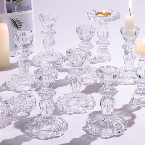 Simeitol 12pcs Taper Candle Holders, Candlestick Holders, Glass Candle Holder - Vintage Flower Design Candle Holders for Wedding & Home Table Decoration, Christmas Decor (Clear)