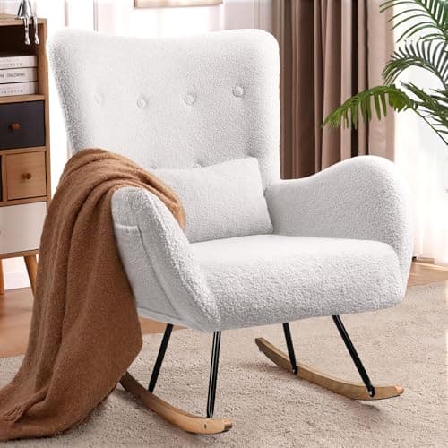 Waleaf Rocking Chair Nursery, Teddy Upholstered Rocking Chair Indoor with High Backrest Glider Accent Chair, Padded Seat Nursing Chair Comfy Chair for Bedroom (Ivory)