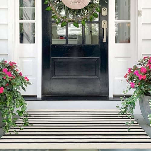 IOHOUZE Black Beige Striped Rug -2.3'x3.6' Front Door Rugs Outdoor, Small Washable Area Rug for Front Porch, Spring Summer Welcome Mats Outdoor Indoor, Doormat for Entryway Porch Entrance
