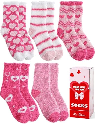 MOGGEI Valentines Day Gifts for Her Fuzzy Socks for Women Galentines Day Gifts Fluffy Thick Warm Winter Soft Cozy Plush Fleece Sleep Home Cabin House Pink Heart Stocking Stuffers 5 Pairs(Pink Heart,M)