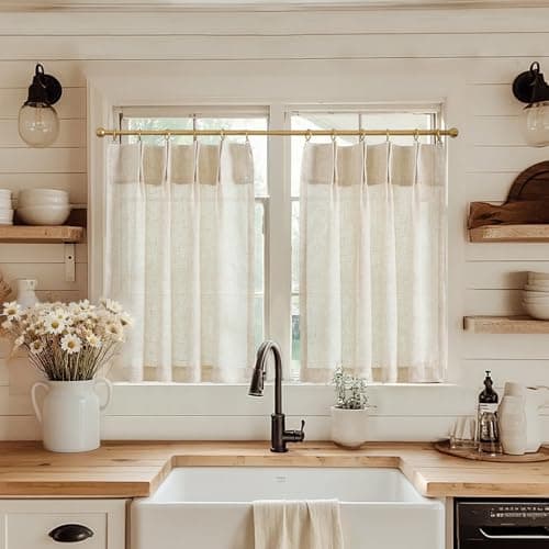 jinchan Linen Pinch Pleated Kitchen Curtains 36 Inch 2 Panels, Natural Linen Tier Curtains Back Tab Beige Farmhouse Cafe, Light Filtering Small Window Drapes for Bathroom Laundry Room Beige