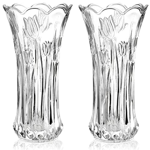 Dicunoy Set of 2 Glass Flower Vase, 9.5" Large Flower Vases for Centerpieces, Modern Clear Rose Vase, Heavy Duty Crystal Tall Cylinder Flared Vase for Bouquet, Home, Wedding, Living Room, Office