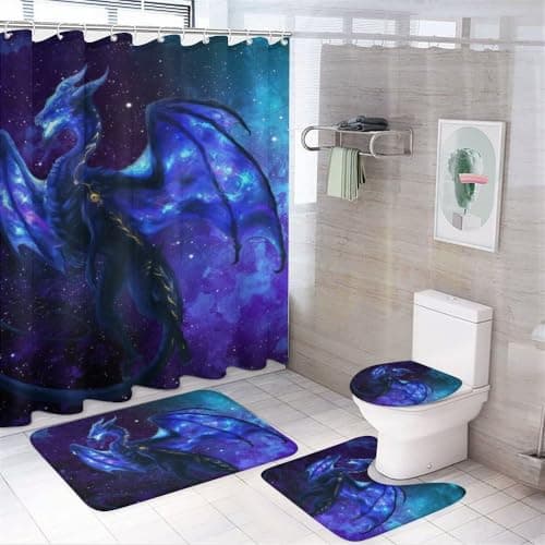 Dragon Bathroom Shower Curtain Sets 4PCS Shower Curtain Sets Dragon Shower Curtain 72x72 with Non-Slip Bath Mat Toilet Rug Toilet Lid Cover