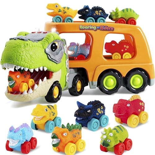 JOYIN Dinosaur Truck Toys for Kids, Kids Toys Boys Age 3 4 5, Dinosaur Car Carrier Truck Toy with 6 Rubber Car Vehicles, Toddler Birthday Gifts with Music & Lights for 3 4 5 Year Old Boys