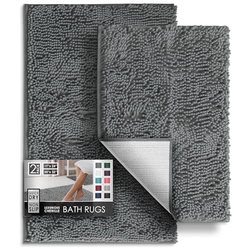 Hearth & Harbor Bathroom Rug Set, 2 Piece Chenille - Grey, Quick Dry, Non-Slip, Machine Washable - Bath Mat Size 17x24, 20x32 inches