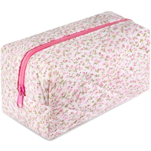 URSKYTOUS Quilted Makeup Bag Floral Large Cute Cosmetic Bag Cotton Puffy Makeup Organizer Coquette Travel Makeup Pouch Aesthetic Portable Zipper Toiletry Storage Bag for Women Girls (Pink)
