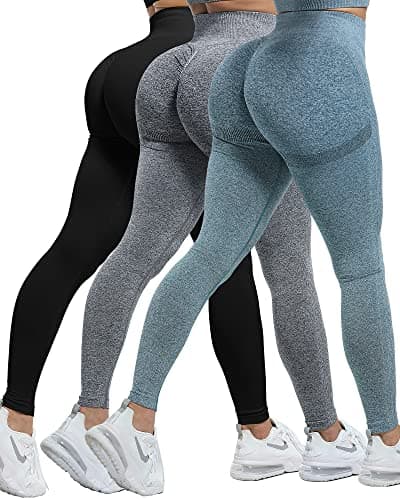 CHRLEISURE Workout Leggings Sets for Women, Gym Scrunch Butt Butt Lifting Seamless Leggings 3 Piece (Black, Gray, Blue, M)-1