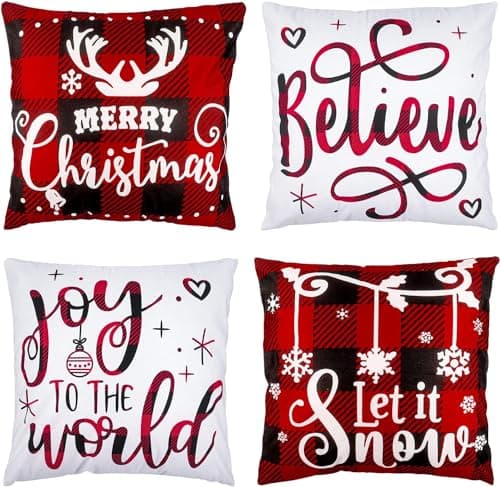 Christmas Pillow Covers 18x18 Set of 4 Winter Throw Pillow Covers Holiday Buffalo Plaid Pillow Covers Merry Christmas Pillows for Couch Sofa Home Decor Xmas Cushion Covers Indoor Decor Thicker