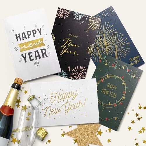 Dessie Boxed Happy New Year Cards - 30 Luxurious Large 5x7 inch Greeting Cards in Vibrant Colors with Gold Foil Accents, Short Greetings Inside. Includes 32 White Envelopes and Sturdy Storage Box