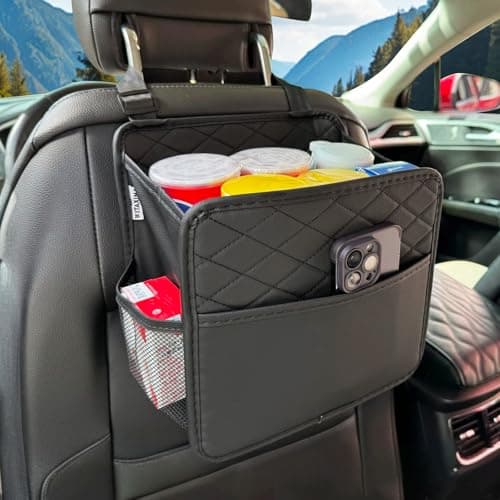 Witaxima Upgrade Car Seat Organizer Backseat with Storage Pockets, Multipurpose Car Organizer Hanging, Car Trash Bag Can,Premium PU Leather Garbage Can 2.14 Gallon Large Capacity, Black.