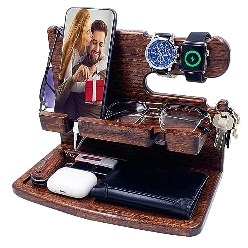 VEIYAILU Gifts for Men Women Dad Husband Boyfriend Wood Phone Docking Station Nightstand Organizer for Men(Dark Brown)