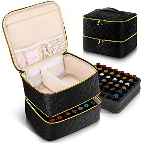 Nail Polish Organizer Case Holds 42 Bottles (15ml/0.5 fl.oz), Double-Layer Nail Polish Storage with Adjustable Dividers, Portable Nail Polish Bag for Nail Gel Nail Lamp and Manicure Tools, Black