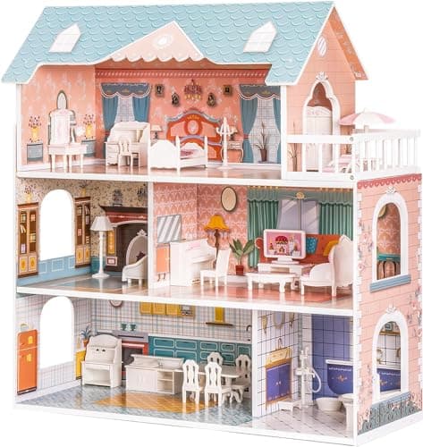 ROBUD Wooden Dollhouse for Kids Girls, Toy Gift for 3 4 5 6 Years Old, with Furniture