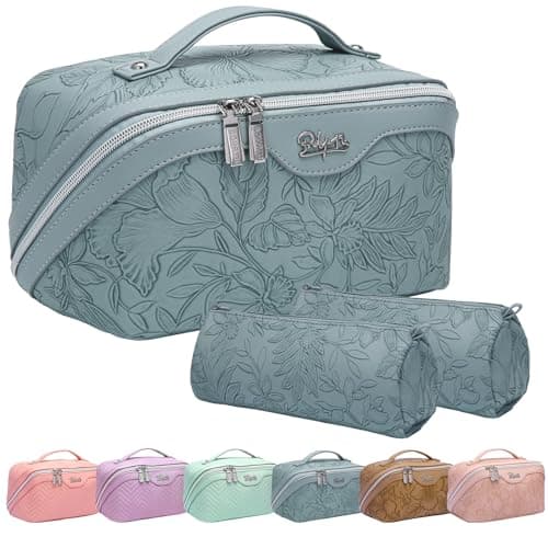 Travel Makeup Bags Cosmetic Organizer Bag: 3-Set Large Capacity Make up Bag - PU Leather Toiletry Bag for Women - Wide Open Portable Pouch with Divider & Handle (01-Light Blue)