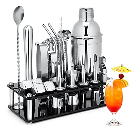 Cocktail Shaker Set, 23-Piece Stainless Steel Bartender Kit with Acrylic Stand & Cocktail Recipes Booklet, Professional Bar Tools for Drink Mixing, Home, Bar, Party (Include 4 Whiskey Stones)