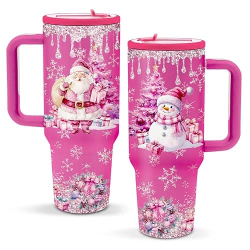 TNASURHUS Christmas Tumblers for Women, Christmas Tumbler with Handle and Straw, Funny Christmas Gifts for Mom, Daughter, Dad, Son, Men, Pink