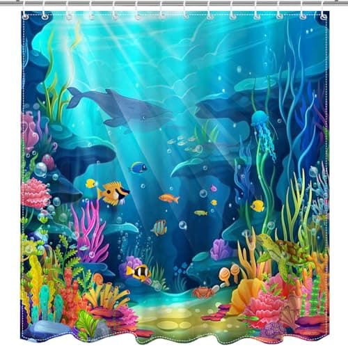 Mocsicka Ocean Shower Curtain for Bathroom Underwater World Kids Shower Curtain with 12 Hooks Summer Tropical Shark Turtle Fish Bath Curtain for Kids Sea Bathroom Decor, 72 x 72 in Waterproof Fabric
