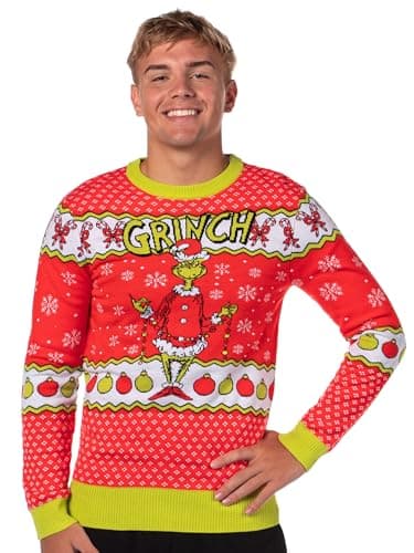 Dr Seuss Grinch Men's Snowflakes Fair Isle Adult Holiday Ugly Sweater for Christmas (Large) Red