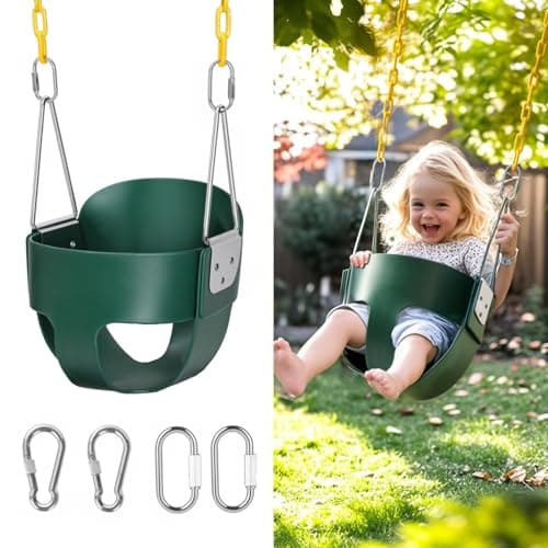 High Back Full Bucket, Toddler Swing with Coated Chains & Triangle Dip Pinch Protection for Safety, Baby Swing Outdoor with Locking Buckles, Toddler Bucket Swing for Backyard, Playground, Green