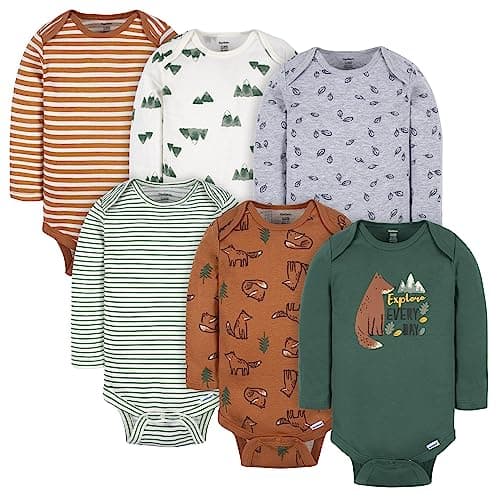 Gerber Baby Boys 6-Pack Long-Sleeve Onesies Bodysuit, Fox, 12 Months