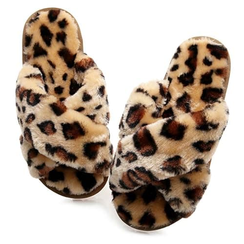 Crazy Lady Women's Fuzzy Fluffy House Slippers Cute Plush Memory Foam Shoes Cross Band Indoor Outdoor Open Toe Sandals(06/Coffee,Leopard 7-8)