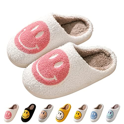 Bevaney Smile Face Slippers for Women, Soft Plush Smile Retro Preppy Slippers with Happy Face Slip-on Cozy Indoor Outdoor