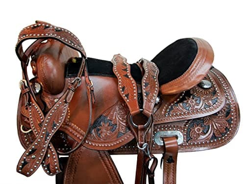 Barrel Saddle Western Horse Pleasure Floral Tooled Leather Rodeo Tack Cowboy Set 15 16 17 18 (Black Inlay Tooled, 18 Inches)