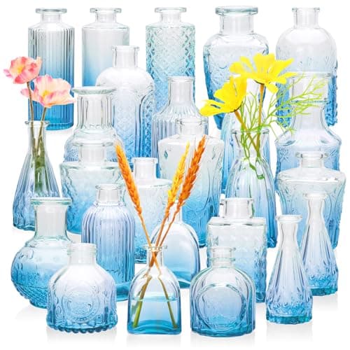 Brajttt Bud Vase Set of 25: Blue Glass Vases, Small, Cute Vintage Set for Flower, Wedding, Home Decorations