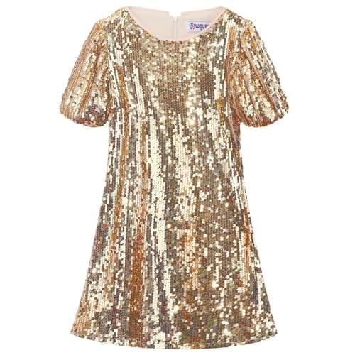 WELAKEN Girls Sequin Dress Sparkly Fancy Short Puff Sleeves Gradient Party Dress Gold