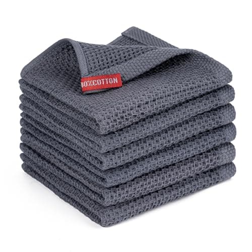 BOOMIBOO ﻿Kitchen Towels 6-Pack Kitchen Dish Cloths,100% Cotton Towels Waffle Weave, Ultra Soft Absorbent, Quick Drying, 12x12 Inches,Dark Grey