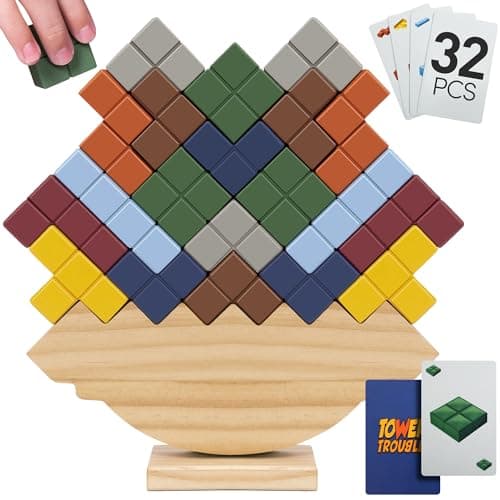 Wooden Tetra Tower Game - 32PCS Stack Attack Game with Building Blocks & Cards, Fun 1+ Players Balance Game for Family Games - Tetris Tower Game & Tetra Tower Stacking Game for Kids & Adults