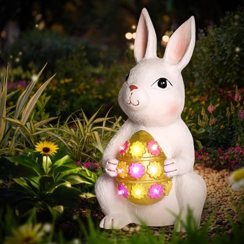 Brightever Outdoor Solar Garden Statues, Bunny with Easter Egg and 9 RGB LED Lights, Outdoor Figurine Lights - Solar Powered Garden Sculpture Easter Gifts for Kids, Women, Wife, Birthday