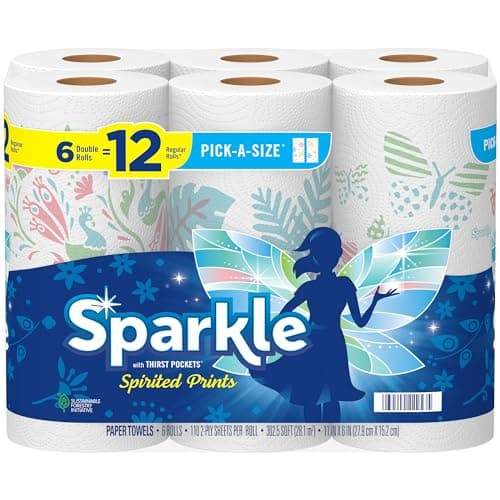 Sparkle Pick-A-Size Paper Towels, Spirited Prints, 6 Double Rolls = 12 Regular Rolls, Everyday Value Paper Towel With Full And Half Sheets