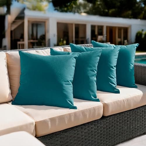 Amazon Basics Outdoor Throw Decorative Pillow Covers, All Weather Pillow Protectors for The Garden, Patio, Balcony, Couch and Sofa, 18 x 18 Inches, Teal, Pack of 4