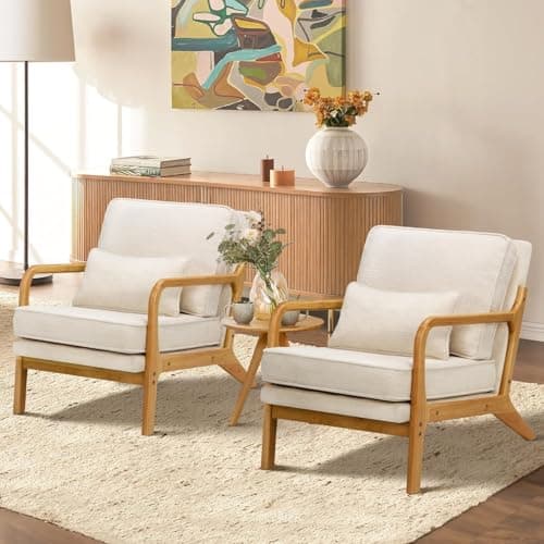 MALOL Mid-Century Accent Chair Set of 2 with Solid Wood Frame, Reading Relaxing Armchair Lumbar Pillow& Soft Cushion, Leisure Chair for Living Room, Bedroom, Waiting Room-Beige