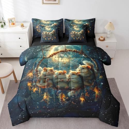 Hamster Comforter Set Dreamcatcher Bedding Set Twin,Stars Galaxy Farm Animals Bed in a Bag,Exotic Bohemian Decor(Comforter+Fitted+Flat Sheet+2 Pillowcases+2 Throw Pillow Covers) 7 Pieces Bed Set