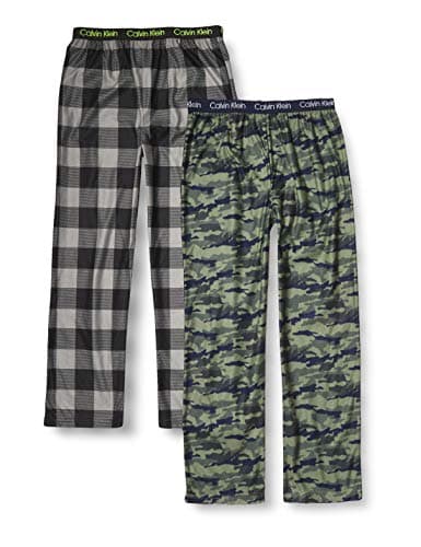 Calvin Klein Boys' Super Soft Pajama Pants, 2-Pack, Cozy Sleepwear for Kids, Green Camo/Black Plaid, Large