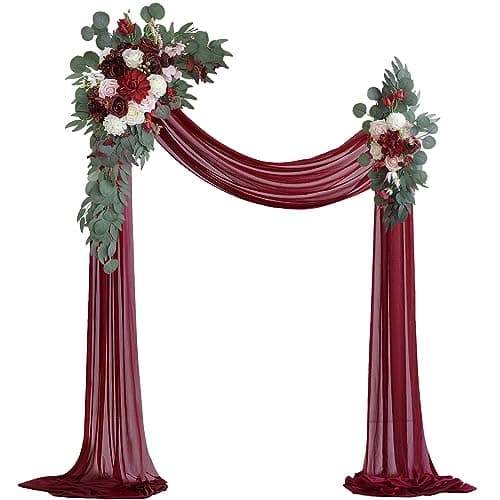 Olalaka Burgundy Artificial Wedding Arch Flowers Kit (Pack of 3) with 26Ft Burgundy Shiny Arch Draping Fabric for DIY Wedding Party Ceremony Reception Backdrop Floral Decoration