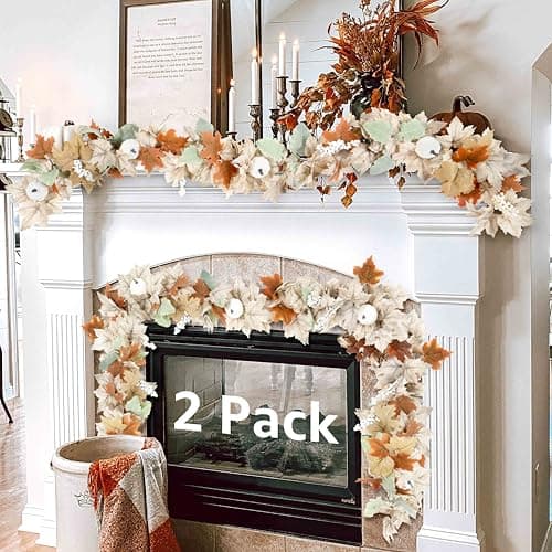 Neutral Fall Garland for Mantle Fireplace - 2 Pack 5.8Ft Outdoor Autumn Leaves Decor for Home Front Door with Pumpkins Farmhouse Indoor Maple for Table Stairs Porch Thanksgiving Halloween Decorations