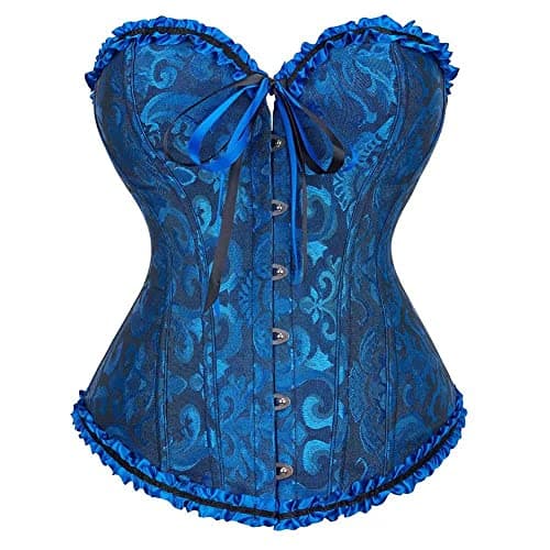 SHYMMUO Blue Black Corset Top for Women Sexy Overbust Bustier Floral Lace Up Strapless Gothic Renaissance Halloween Costume Clubwear M