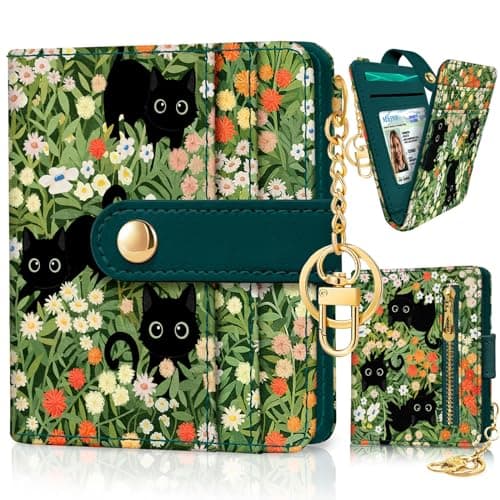 Jogjam Black Cat Floral Rfid Women Wallet, Small Slim Thin Credit Card Wallet, PU Leather Bifold Cash Zipper Coin Pocket ID Window for Female Ladies Teen Girls Girly