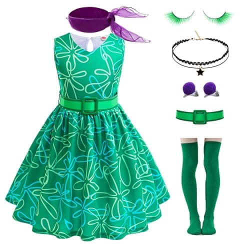 GFTYBCST Girls Disgust Costume Green Cosplay Cartoon Joy Costume Princess Dress up for Kid Halloween Birthday Christmas Party Gift (Green, 9-10 Years)