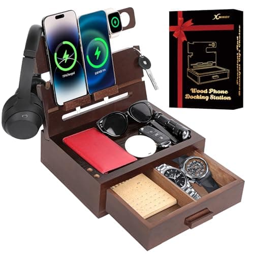 Gifts for Men Dad Women from Daughter Son Wife Wood Phone Docking Station with Drawer Nightstand Organizer for Men Dad Birthday Gifts for Him from Wife for Men